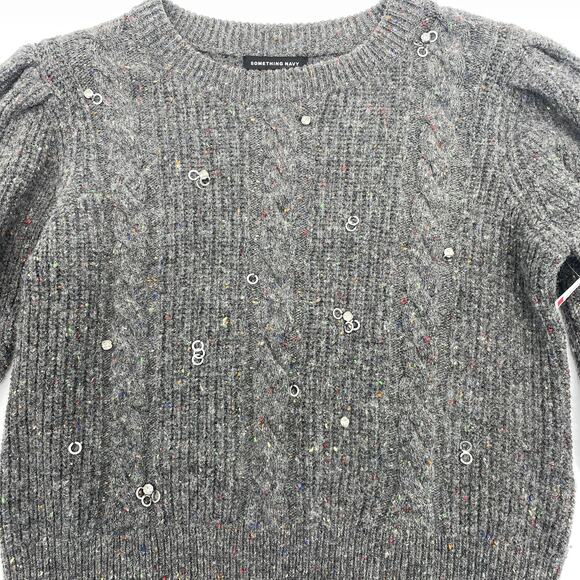 NWOT SOMETHING NAVY Grey Jewel Deco Cable Sweater Womens Siz L Knit Top Crew - Picture 3 of 7